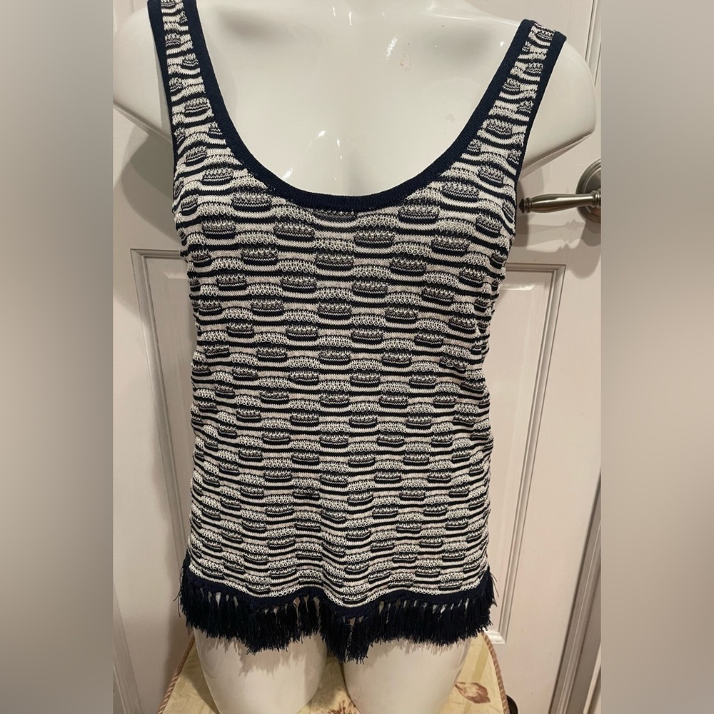 Minnie and Rose Linen Blend Navy and White Striped Women's Top with Fringe